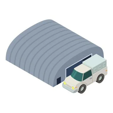 Cargo transportation icon isometric vector. Cargo van near a large garage icon Stock Illustration