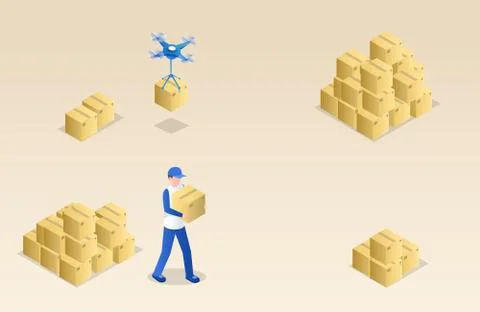 Cargo transportation isometric vector illustrations set. Man and machine labor Stock Illustration