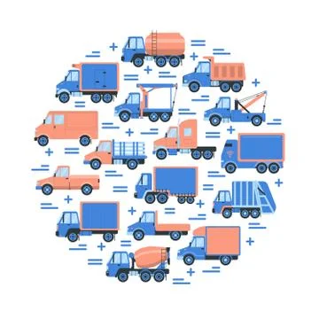 Cargo transportation round concept with different types of trucks in flat style. Stock Illustration