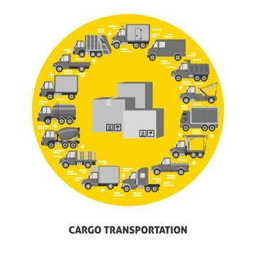 Cargo transportation round concept with different types of trucks in flat sty Illustration