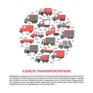 Cargo transportation round concept with different types of trucks in flat sty Stock Illustration