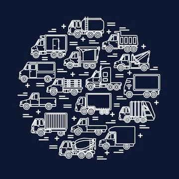 Cargo transportation round concept with different types of trucks in thin lin Stock Illustration