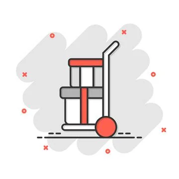 Cargo trolley icon in comic style. Delivery box cartoon vector illustration o Illustrazione stock