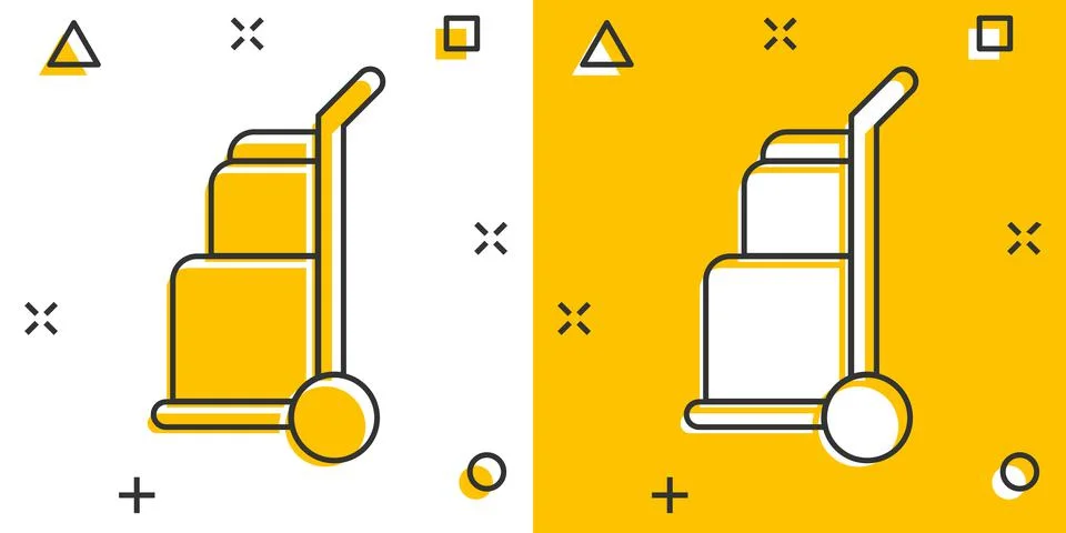 Cargo trolley icon in comic style. Delivery box cartoon vector illustration o Illustrazione stock