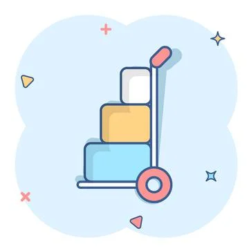 Cargo trolley icon in comic style. Delivery box cartoon vector illustration o Illustrazione stock