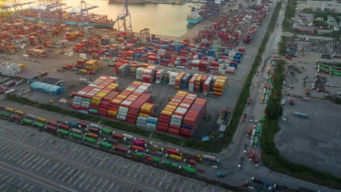 Cargo truck carry container for load to cargo ship ,many Trucks in the intern Stock-Footage 171670089