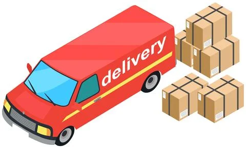 Cargo truck loading parcel package boxes or delivery van vehicle, car with Illustrazione stock