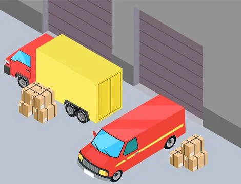 Cargo truck loading parcel package boxes or delivery van vehicle industrial Illustrazione stock