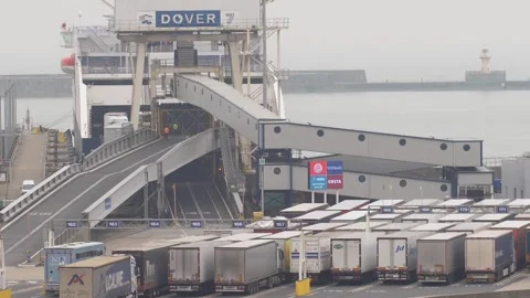 Cargo Trucks Waiting in Queue at the Port of Dover Ferry Terminal for 库存影片 346505509