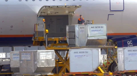 Cargo unloading of the plane at airport Stock Footage 57223401