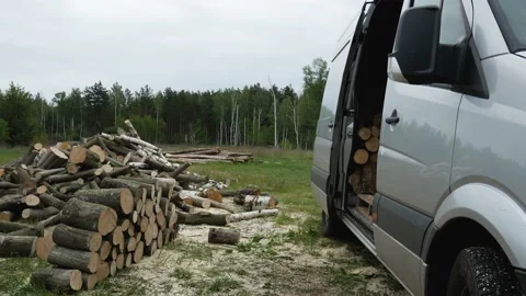 Cargo van with opened door near firewoods. Process of delivery. Video stock 131406579