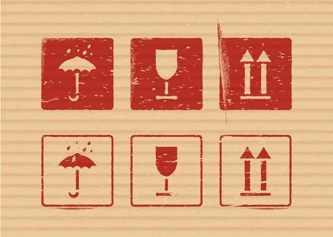 Cargo vector cardboard box vector icon sign set fragile, keep dry, top for Stock Illustration