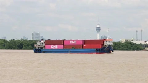 The cargo vessel NP CHUMPHON loaded of containers Video stock 222120876