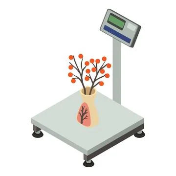 Cargo weighing icon isometric vector. Industrial electro scale with flower vase Stockillustratie