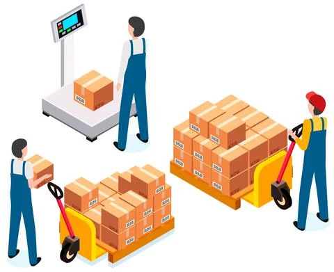 Cargo weight, scales, packaging. Workers loading boxes on carrier. International Illustrazione stock