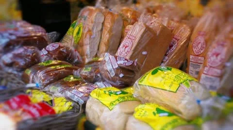 Caribbean bread stall at market Stock Footage 10862689