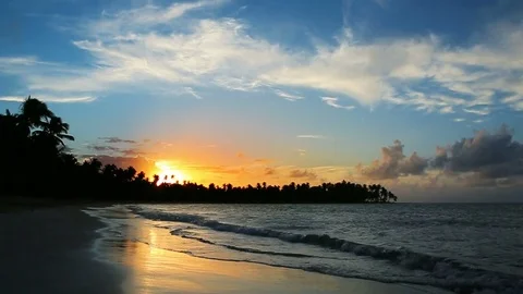 Caribbean sunset on tropical beach. Stock Footage 85317972