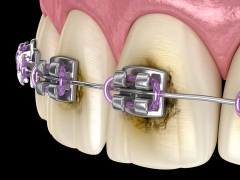 Caries process near braces as result by poor hygiene. Stock Illustration