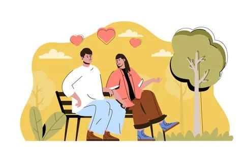 Caring for each other concept. Happy loving couple talks sitting on bench in Ilustração Stock