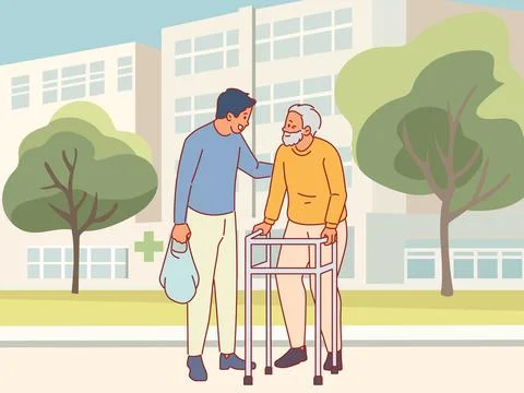 Caring for elderly. Guy helps an old man with walker cross road and carry bags Stock Illustration