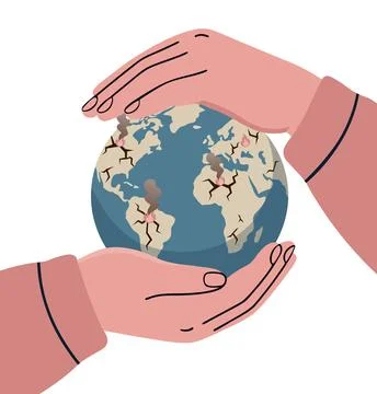 Caring human hands gently cradling and protecting a damaged, cracked earth Stock Illustration