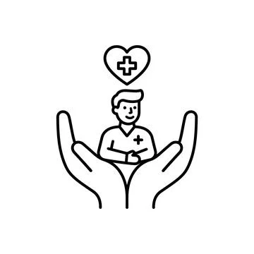 Caring for patient icon featuring human hands holding doctor character with.. Stock Illustration