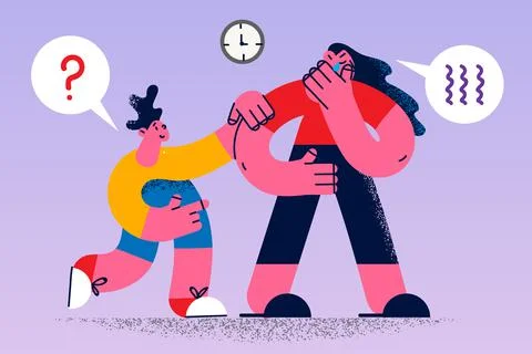 Caring small son comfort support unhappy crying mom Stock Illustration