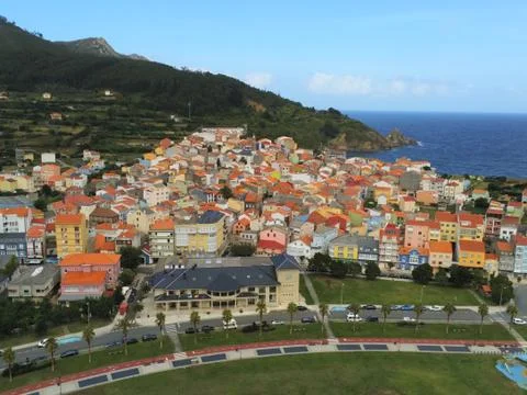Cariño, coastal village with beach in A Coruña. Galicia,Spain. Aerial  Photo Stock Photos