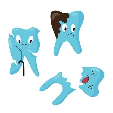 Carious teeth. Numerous sad teeth characters in flat style. Vector illustration Stockillustratie
