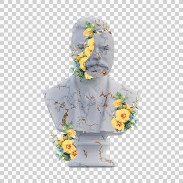 Carl Jacobsen statues 3d render, collage with flower petals compositions fo.. Stock Illustration