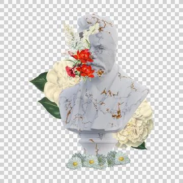Carl Jacobsen statues 3d render, collage with flower petals compositions fo.. Stock Illustration