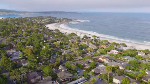 Carmel by the Sea Aerial Pullback View of Coastal Homes and Beach 01 Video stock 335255942