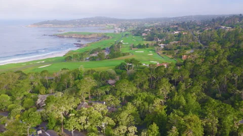 Carmel by the Sea Aerial Pullback View of Golf Course and Coast 02 Stock Footage 335256484