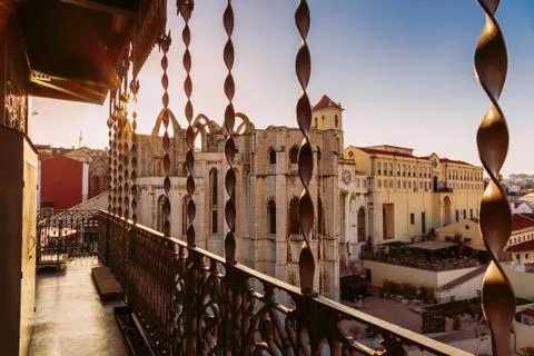 Carmo Convent building during susnet seen from Santa Justa Lift in Lisbon Stock Photos