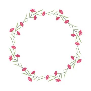 Carnation Wreath Vector Illustration in Flat Minimal Style, Round Floral Frame Stock Illustration