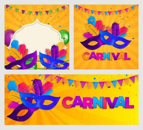 Carnaval Background set.Traditional mask with feathers and confetti for fesiv Illustration