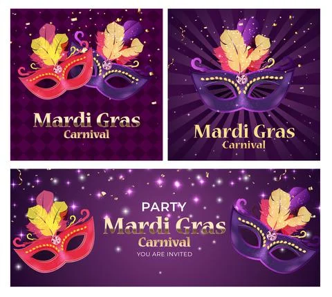 Carnaval Background set.Traditional mask with feathers and confetti for fesiv Illustration