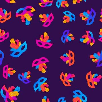 Carnaval Seamless Pattern Background.Traditional mask with feathers and confe Stock Illustration