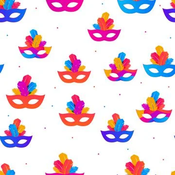 Carnaval Seamless Pattern Background.Traditional mask with feathers and confe Stock Illustration
