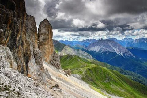 Carnic High Trail under steep rock face on Italy Austria border Stock Photos
