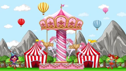 Carnival Background with Spinning Carousel and Hot Air Balloons Stock Footage 335496049