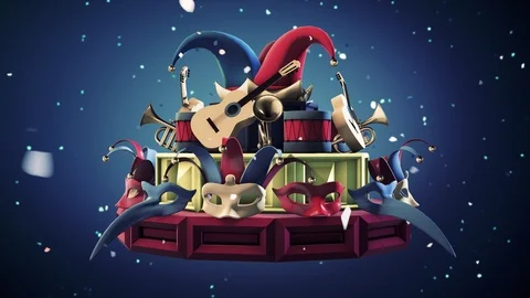 Carnival Carousel With Masks Instruments Jesters Hat And Confetti VJ Loop Stock Footage 125016251