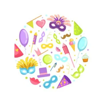 Carnival Celebration Party Objects in Circular Shape, Masquerade Symbols Vector Illustrazione stock