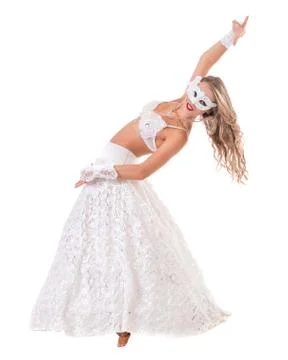 Carnival dancer girl wearing a mask dancing, isolated on white Stock Photos