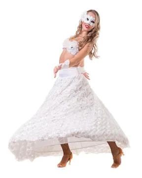 Carnival dancer girl wearing a mask dancing, isolated on white Stock Photos