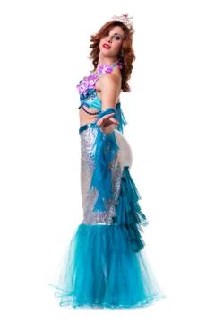 Carnival dancer woman dressed as a mermaid posing, isolated on white Stock Photos