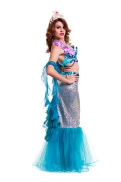 Carnival dancer woman dressed as a mermaid posing, isolated on white Stock Photos