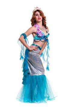 Carnival dancer woman dressed as a mermaid posing, isolated on white Stock Photos
