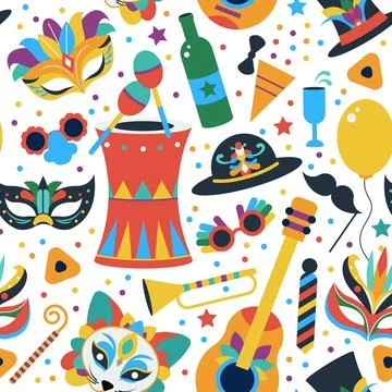 Carnival elements seamless pattern. Festival flat masks, masquerade and party Illustrazione stock