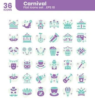 Carnival flat gradient icons set Stock Illustration